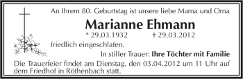 Traueranzeige von Marianne Ehmann von Pegnitz-Zeitung